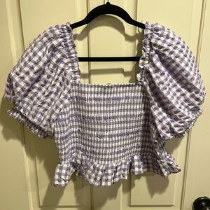 FREE THE ROSES PURPLE SMOCKED GINGHAM TOP, SIZE LARGE